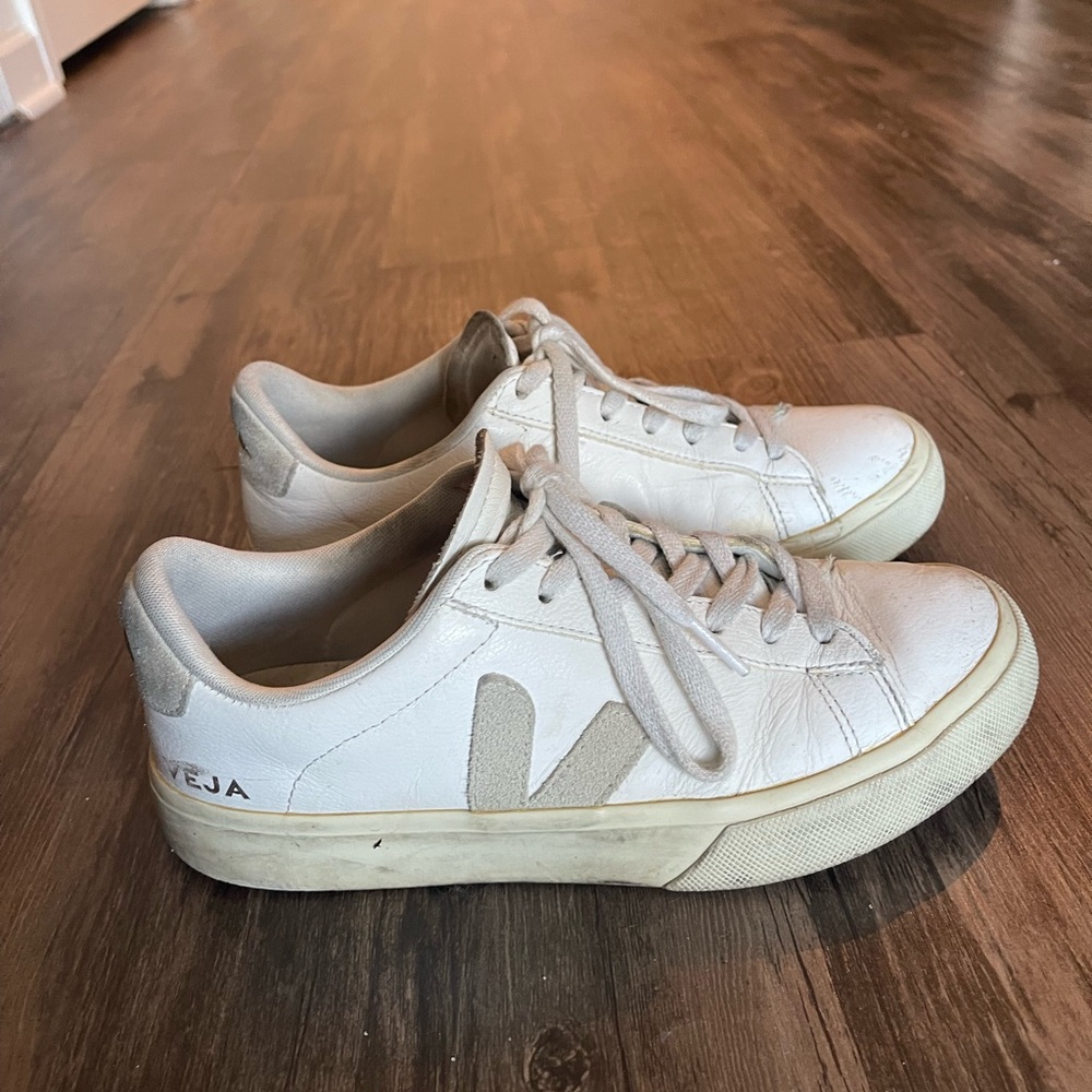 Veja White Sneakers with Light Beige V Logo